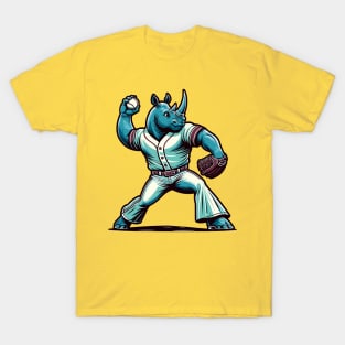 Throwback rhino pitcher - Vintage 1990s Cartoon Style Baseball Art T-Shirt